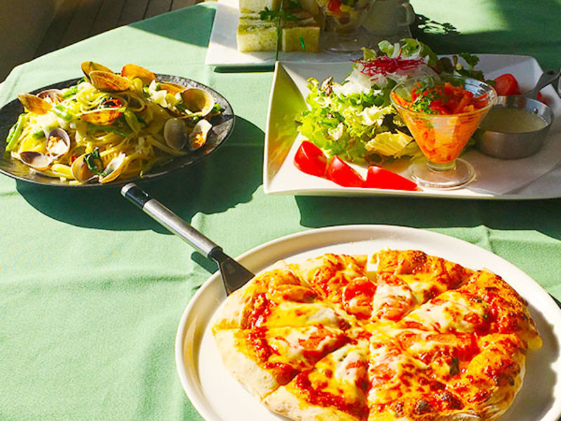 新鮮なサラダとbリューム満点のパスタとピザ